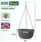T4U 8 Inch Hanging Planters for Indoor Outdoor Plants, Self Watering Hanging Pot Pack of 2, Hanging Pots with Drainage Hole & Plug & Chain with 3 Hooks for Garden Home Decor, Grey