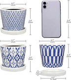 Small Ceramic Pots for Plants, 4.7 inch Blue and White Plant Pot Indoor with Drainage & Saucer Set of 3 Ceramic Planters for Indoor Plants Succulent Pot Decorative Flower Pots for Cactus, Orchid, Herb