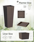 Greesum Set of 2 Tall Plastic Planters with Saucer, 24 Inch Large Pots with Drainage Trays, Weather-Resistant Plastic Plant Containers for Patio, Porch, Garden,Brown