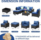 Jing's Villa 7-Piece Patio Furniture Set, All-Weather Outdoor Wicker Sectional Sofa with Cushions, Tempered Glass Table & Ottoman, Rattan Conversation Seating for Porch, Garden, Backyard,Navy