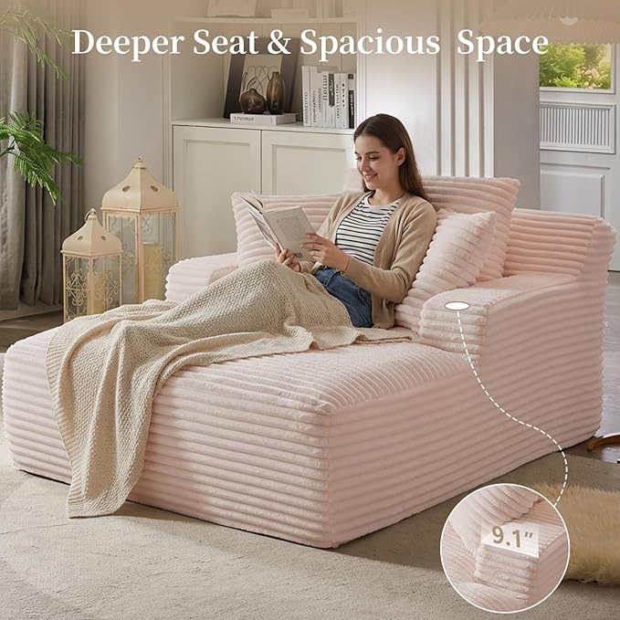 66" Chaise Lounge Chair Indoor, Oversized Boneless Couch Comfy Upholstered Sleeper Sofa Bed with 3 Pillows, Corduroy Cloud Reading Chair for Living Room No Assembly Required, Pink