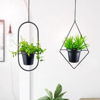 Modern Hanging Planters for Indoor Plants, Metal Plant Hanger with 5 inch Flower Pot, Set of 2 Black Plant Holder in Diamond and Oval Shape, Small Wall and Ceiling Hanging Pot for Outdoor Plants