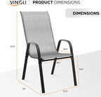VINGLI Patio Chairs Set of 2 – Stackable Outdoor Dining Chairs with Comfortable Sling High Back Chairs and Armrests for Lawn, Poolside, Courtyard, Balcony, Garden, Silver Gray