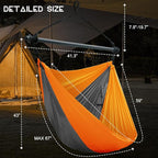 Hammock Chair, Portable Large Hanging Rope Swing, Lightweight Nylon Parachute, Max 500 Lbs, Detachable Metal Support Bar Hammock Chair Swing for Outdoor, Indoor, Bedroom (Orange, Dark Gray)