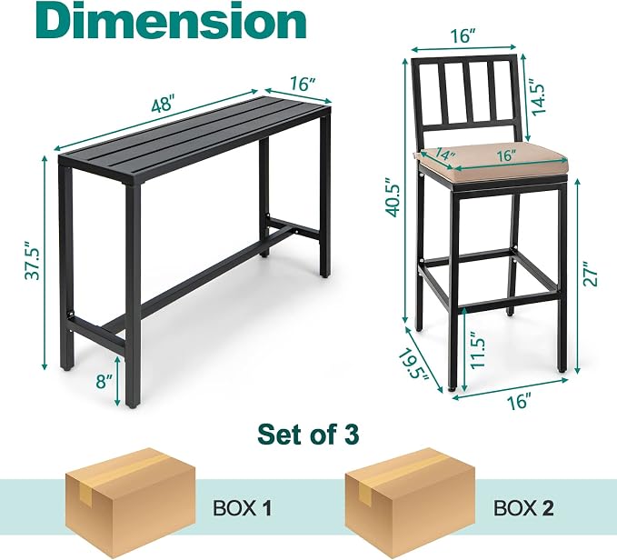 Bar Set, 3 Piece Metal Patio Bar Table with 2 Stools, Black and Beige