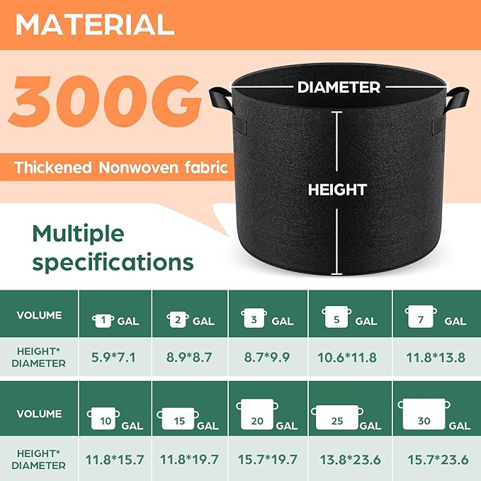 10 Pack 20 Gallon Grow Bags, Thickened Nonwoven Fabric Planter Pots with Handles, Heavy Duty 300G Garden Pots for Tomato, Potato and Vegetable