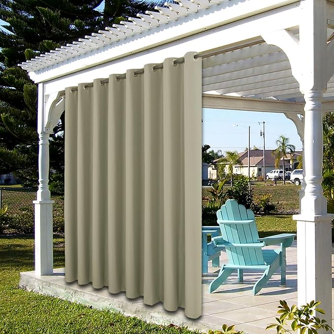 BONZER Outdoor Waterproof Curtains for Patio Wide Grommet Light Filtering Outside Curtains for Gazebo, Porch, Pergola, Pavilion, 1 Panel, 110W x 95L inch, Taupe
