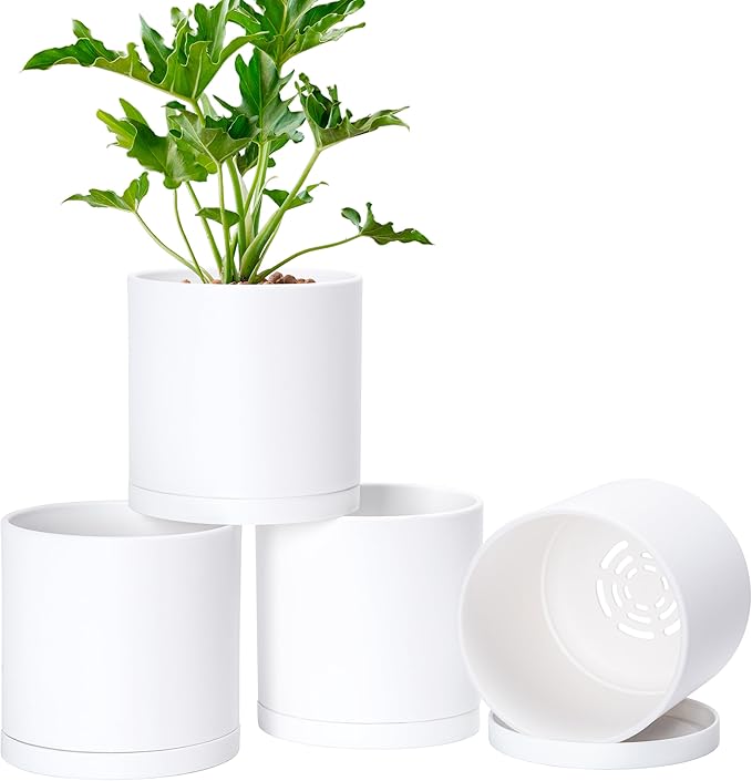 Modern Plastic Planter Pots 6 Inch, Matte White, Set of 4 with Saucers
