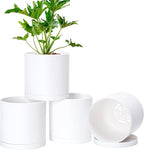 Modern Plastic Planter Pots 6 Inch, Matte White, Set of 4 with Saucers