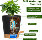 Self Watering Pots, 4 inch Flower Pots with Multi Mesh Drainage Holes, Small Platic Planters for Indoor Outdoor Garden Plants and Flowers (Black with Brown Tray, 4")