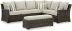 Signature Design by Ashley Brook Ranch Casual Nuvella Weather Resistant Fabric Right Hand Facing Outdoor Sofa Sectional/Bench with Cushion and 6 Throw Pillows, Set of 3, Beige & Dark Brown