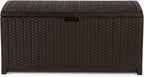 Suncast Outdoor Storage Box - 73 Gallon Mocha Brown Deck Box for Patio, Waterproof Outdoor Storage Bench, Resin Wicker Style, Heavy-Duty, Lockable Lid for Cushions, Shoes, Pool & Garden Gear