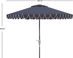 SAFAVIEH 9ft Outdoor Patio Umbrella, Round, Valance, White & Navy Trim, Auto Crank Tilt, UV Resistant for Deck, Backyard, Poolside (PAT8006G)