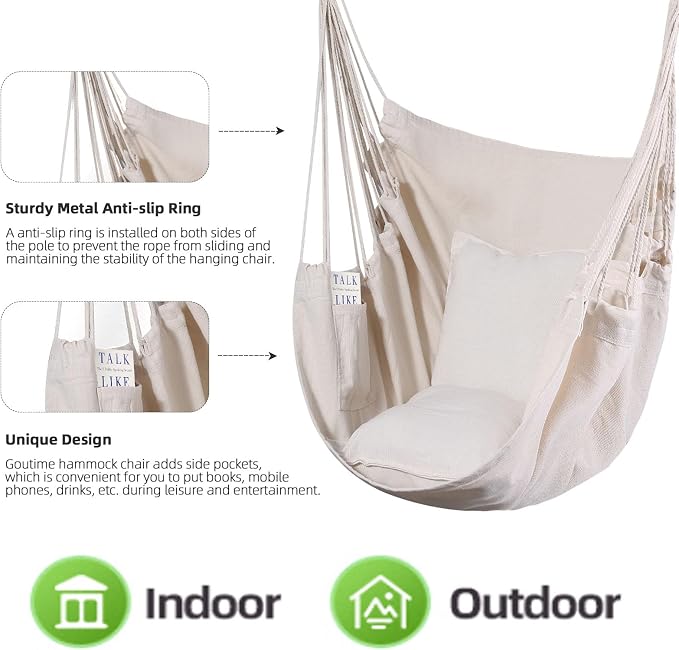 Hammock Chair, Beige Cotton Macrame Hanging Swing, 330 lb Max