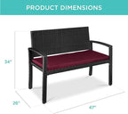 Best Choice Products Outdoor Bench 2-Person Wicker Garden Patio Benches Seating Furniture for Backyard, Porch w/Seat Cushion, 700lb Capacity - Deep Burgundy/Black