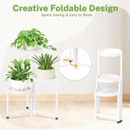 iDavosic.ly 3 Tier Folding Plant Stand Indoor Outdoor with Plastic Tray, Tiered Corner Flower Holder Shelf, Metal Orchid Display Rack for Patio Porch Living Room Garden Balcony, White