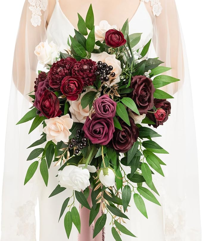 Artificial Cascading Bridal Bouquet in Marsala and Blush, 13 in