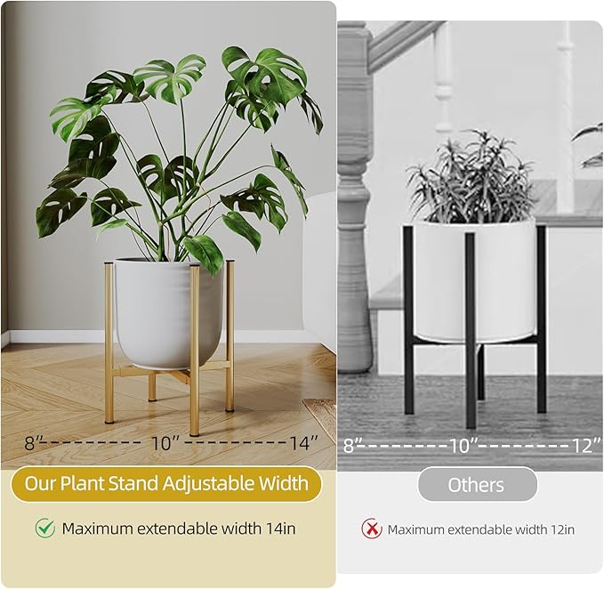 Adjustable Metal Plant Stand Indoor, Mid Century Modern Outdoor Planter Holder for 8 to 14 Inch Pots, Heavy Duty 160 LB Load, Corner Floor Stand for Home Garden Decor Golden
