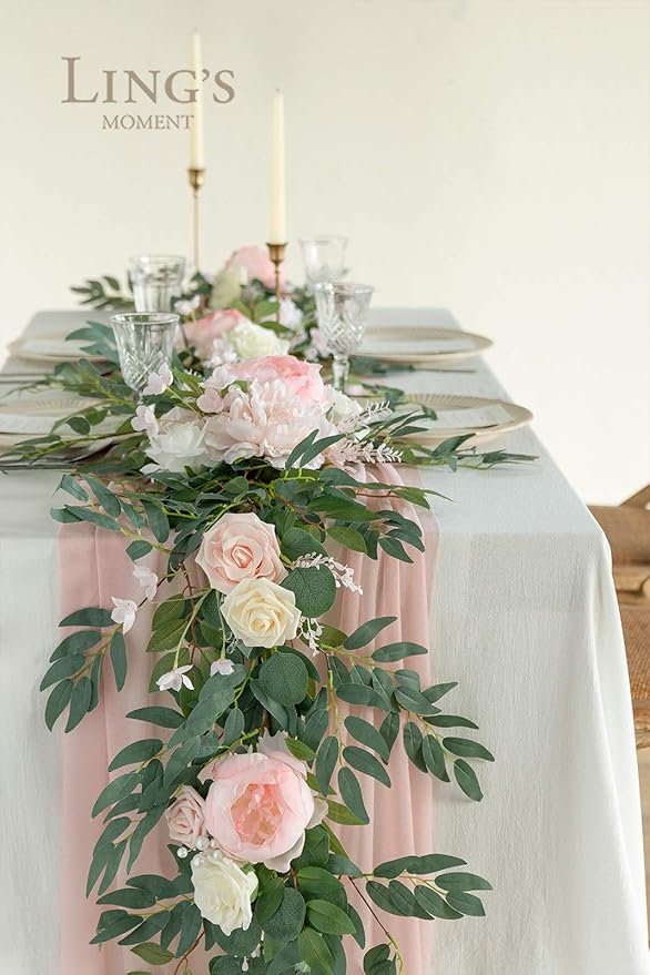 Artificial Flower Garland Runner, 6 Ft Blush and Cream Eucalyptus