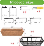 4 Pack 24" Railing Planter Window Box Deck Balcony Rail Planter Black Metal Flower Basket Horse Trough Planter with Coco Fiber Liner for Porch Fence Patio Outdoor