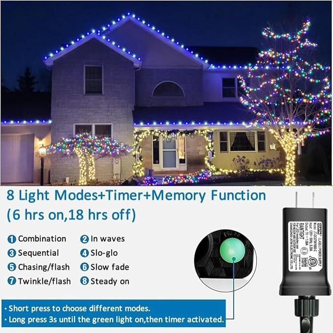 String Lights 200 LED 66 ft Outdoor Waterproof, Blue and White