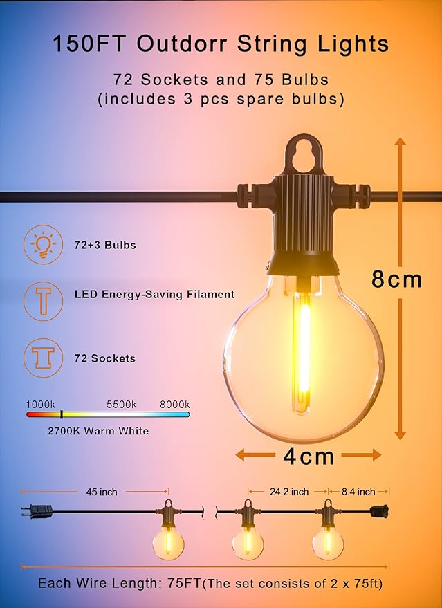 String Lights, 150 FT Warm White Outdoor LED Patio Lights, Shatterproof