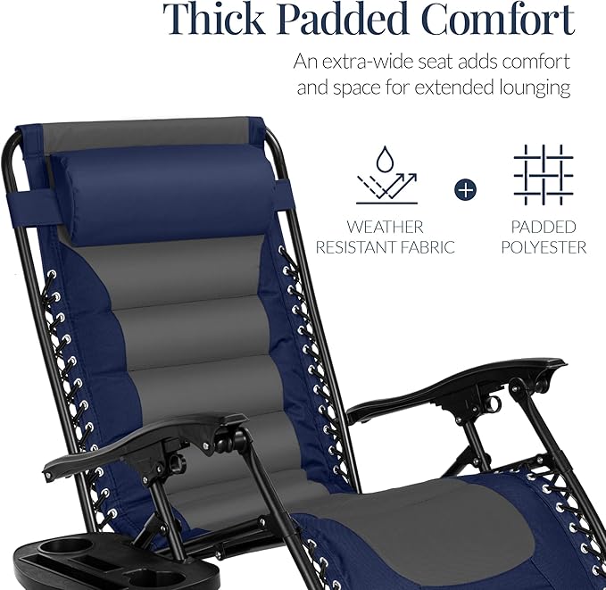 Best Choice Products Oversized Padded Zero Gravity Chair, Folding Outdoor Patio Recliner, XL Anti Gravity Lounger for Backyard w/Headrest, Cup Holder, Side Tray, Polyester Mesh - Navy/Gray
