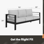 Solaste Aluminum Outdoor Couch, 3-Seat Metal Outdoor Sofa with Water-Resistant Cushion, Weather-Resistant Modern Patio Sofa, Black Frame Grey Cushion