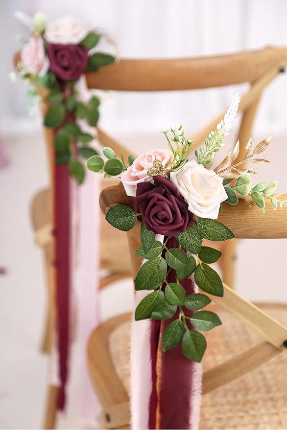 Artificial Flowers Pew Decor, Set of 10 Burgundy with Ribbon Ties