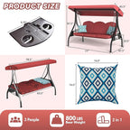 3 Seat Outdoor Porch Patio Swing with Stand 800lbs 2-in-1 Convertible Swing Bed with Adjustable Canopy & Removable Cushion for Yard Garden Deck (Wine Red, Square Tube)