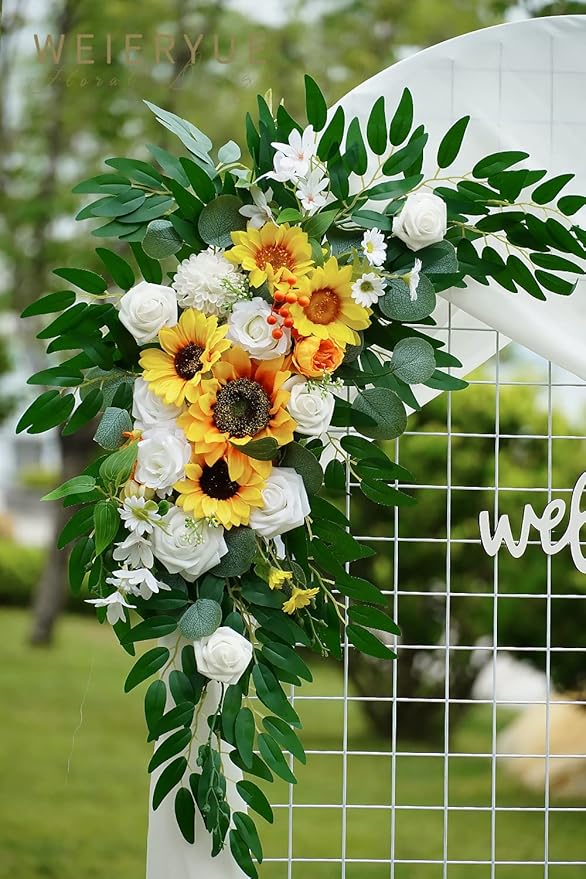 Artificial Flowers Wedding Arch Swag Kit, 3-Piece with White Chiffon Drape