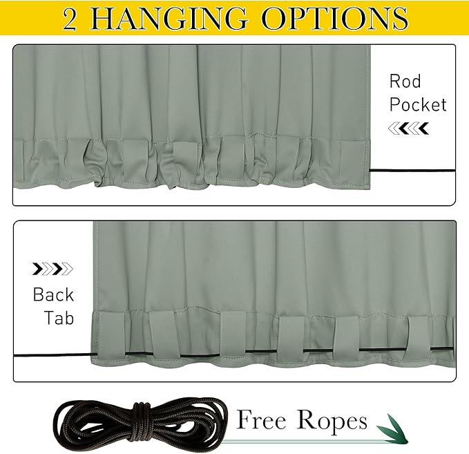 NICETOWN 2 Panels Outdoor Curtains for Patio Waterproof & Windproof, Extra Wide Grommet & Back Tab on Top & Bottom Thermal Insulated Sun Blocking Drapes with Rope for Gazebo, Sage Green, W100 x L84