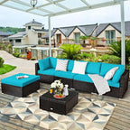 Tangkula 6 Piece Patio Furniture Set, Outdoor Deck Lawn Backyard Durable Steel Frame PE Rattan Wicker Sectional Sofa Set, Conversation Set with Coffee Table (Turquoise)