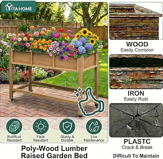 YITAHOME Raised Garden Bed HDPE, 47x18x31In Poly-Wood Weather-Resistant Raised Flower Bed, Elevated Planter Box with Lockable Wheels for Vegetables, Brown
