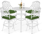 VIVIJASON 5-Piece Patio Swivel Bar Stools Set, All Weather Cast Aluminum Outdoor Bar Height Bistro Set with 4 Cushioned Bar Chairs & 35.4" High Bar Table w/Umbrella Hole for Backyard, Lawn, White