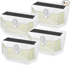 HMCITY 120 LED Outdoor Solar Lights with Motion Sensor and 3 Lighting Modes, IP65 Waterproof Wide Solar Wall Lights Ideal for Garden Patio Yard (Front Button 4Packs, White Shell-Daylight White)