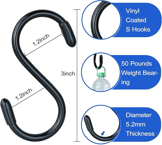 30 Pack Vinyl Coated Heavy Duty S Hooks for Hanging Plants, Clothes, Non Slip Steel Metal Black Rubber Coated Closet S Hooks for Hanging Jeans, Jewelry, Pot, Pan