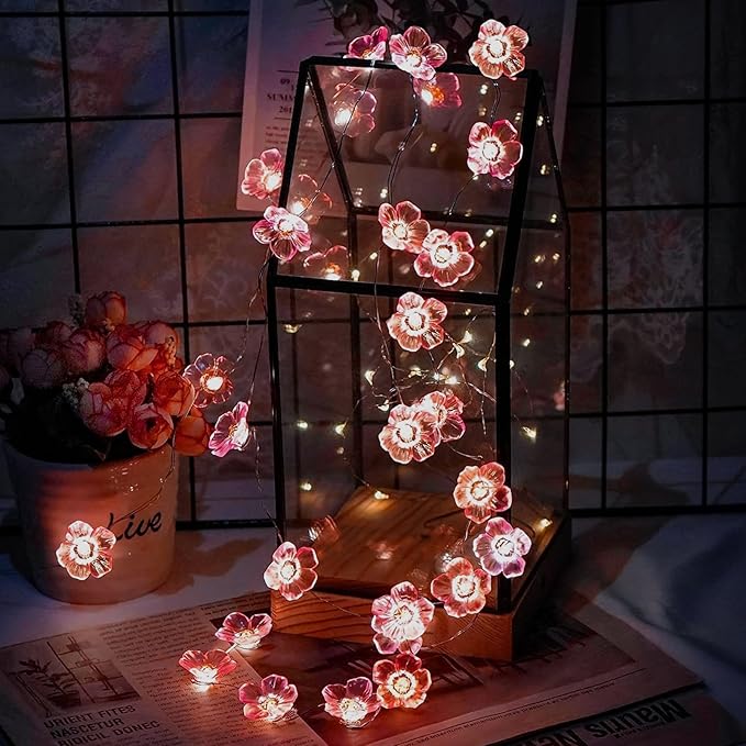 Indoor String Lights: 13 Ft Pink Cherry Blossom Fairy Lights with 40 LEDs