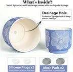 YBX 8 Inch + 6 Inch White Flower Pattern Plant Pots, Sand Glazed Ceramic Planter with Drainage Hole, Flower Pots for Indoor Plants, Blue