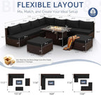 NICESOUL Outdoor Patio Furniture Set with Fire Pit Natural Gas/Propane, 29.3'' High-Back XL Large Conversations for Exteriors, 9-Seater Wide Deep Seating Rattan Sectional Sets, Brown and Black