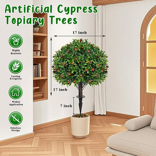 2 Pack Artificial Olive Topiary Tree, Artificial Shrub Bushes with Ground Spike, Fake Evergreen Tree for Porch, Artificial Plants for Outdoor Planters Indoor UV Resistant