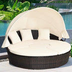 Tangkula Patio Round Daybed with Retractable Canopy, Outdoor Wicker Rattan Furniture Sets, Sectional Cushioned Sofa Set w/Height Adjustable Coffee Table, Rattan Conversation Sets (Beige)