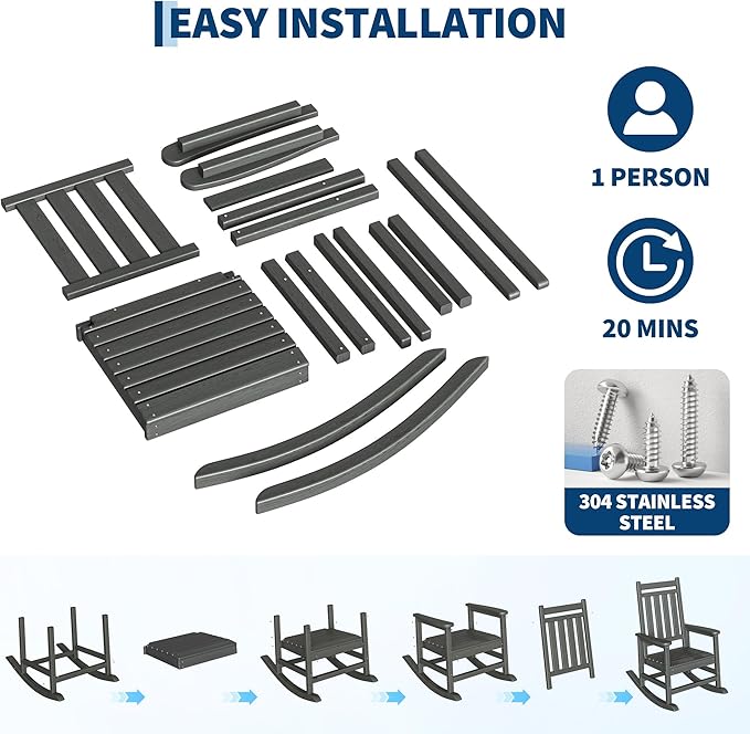 HDPE Rocking Chair Outdoor Set of 4 - Poly High Back Porch Rocker Chairs for Adults - All Weather Resistant Furniture for Patio Front Porch - Gray
