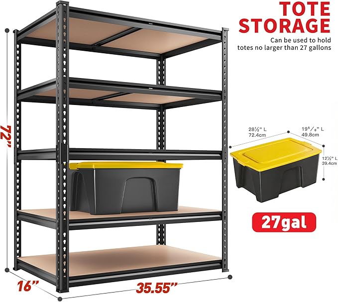 REIBII 2400LBS Storage Shelves 5 Tier Garage Shelving Heavy Duty, Adjustable Metal Shelving, Garage Shelves for Basement, Warehouse, Pantry, Closet, Kitchen 72" H x 35.55" W x 16" D, Black, 3 Pack