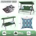 3 Seat Outdoor Porch Patio Swing with Stand 800lbs 2-in-1 Convertible Swing Bed with Adjustable Canopy & Removable Cushion for Yard Garden Deck (Green, Round Tube)