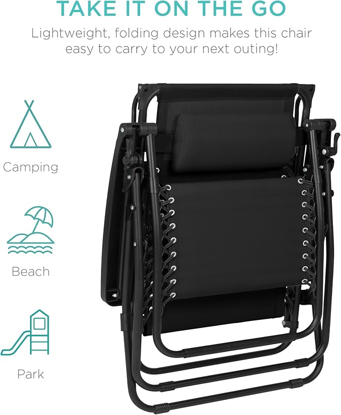 Best Choice Products 30” Wide Folding Zero Gravity Outdoor Recliner Patio Lounge Chair w/Adjustable Canopy Shade, Headrest, Side Accessory Tray - Black