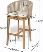 Christopher Knight Home Zax Set of 2 Patio Barstool, Acacia Wood & Rope Outdoor Counter Stool with Backrest/Footrest, Barstool Chairs with Cushion Seating for Backyard Balcony Garden, Beige + Teak