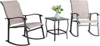 Vongrasig 3 Piece Outdoor Rocking Bistro Set, Textilene Fabric Small Patio Furniture Set, Front Porch Rocker Chairs Conversation Set with Glass Table for Lawn, Garden, Balcony, Poolside (Taupe)