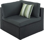 Merax 7-Piece Outdoor Wicker Sectional Sofa Set,Modular Rattan Conversation Set with Gray Cushions,Striped Green Pillows & Tempered Glass Coffee Table for Patio,Garden,Deck,Black