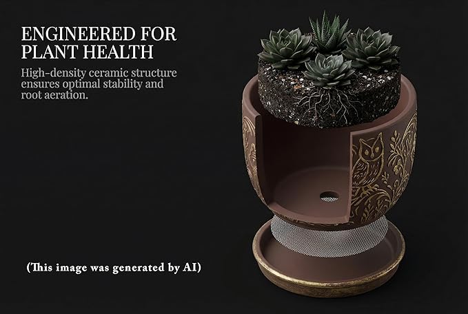 Decorative Ceramic Planter Pot with Saucer, Brown with Gold and Silver Owl Pattern, Indoor Garden Container with Drainage (G&S, 6 inch)